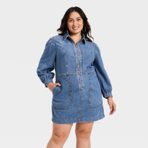 Universal Thread Dresses & Skirts - Women's Long Sleeve Zip Front Midi Denim Dress - Universal Thread XL Cotton